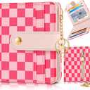 Bistup Wallet for Women Cute Bifold Small Card Wallet Rfid with Keychain for Ladies Teen Girls Female Medium Girly Aesthetic Thin Slim Checkered Plaid Unique Pretty Leather Credit Card Holder Purse