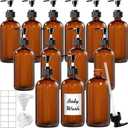 12 Pack Amber Glass Bottles 16oz with Pump Dispensers, Refillable Empty Pump Bottles for Bathroom, Kitchen, Shampoo, Soap, Lotion  Includes 2 Funnels & 12 Labels