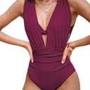 CUPSHE Women's One Piece Swimsuit Halter Plunging Neck Bathing Suit Wide Straps Underwire Ruched Back Hook, L