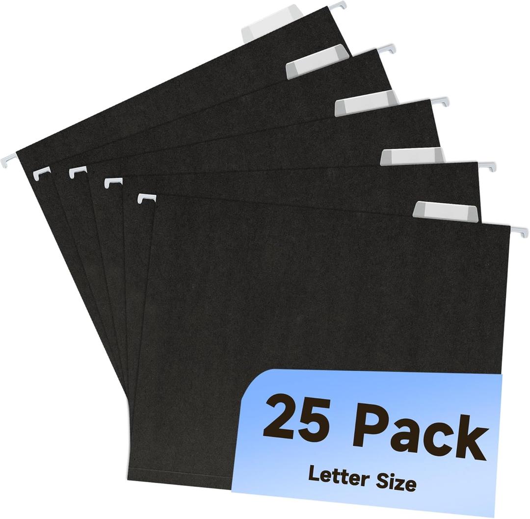 Hanging File Folders,25 Pack Letter Size Black Hanging File Folders with 1/5-Cut Tabs,11 Point Paper Stock,Bulk for Filing Cabinet