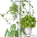 LINZINAR Plant Stand Indoor Outdoor Metal 4 Tier 5 Potted Multiple Flower Pot Holder Shelf Planter Display Shelving Unit for Patio Garden Corner Balcony Living Room (4 Tier 5 Potted, White)