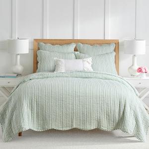 Levtex Home Martha Stripe Sage Reversible King/Cal King Quilt Set (106x92in) with 2 Pillow Shams (36x20in) - Stripe Bedding - Sage, White - Cotton King Size Quilt Bedding Set - Scalloped Edge