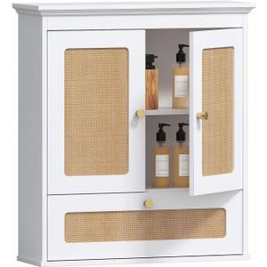 Spirich Bathroom Wall Cabinet Over Toilet, Boho Rattan Medicine Cabinet with Adjustable Shelf, Space-Saving Wall Mount Storage, 24.9 inches W x 7.5 inches D x 24.4 inches H
