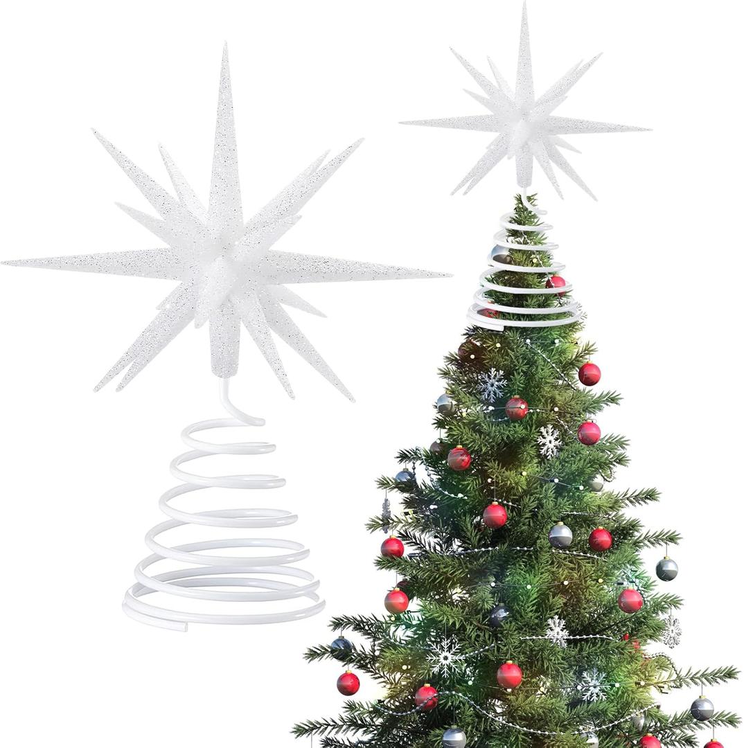 Skylety Mini White Christmas Tree Topper 3D Starburst Star Tree Topper White Glitter Christmas Ornaments Exploding Star Xmas Home Decorations for Holiday Ornament