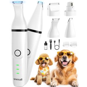 oneisall 4-in-1 Cordless Dog Grooming Kit with 2-Speed Clippers, Low Noise Paw Trimmer & Rechargeable Quiet Nail Grinder for Dogs and Cats (White)