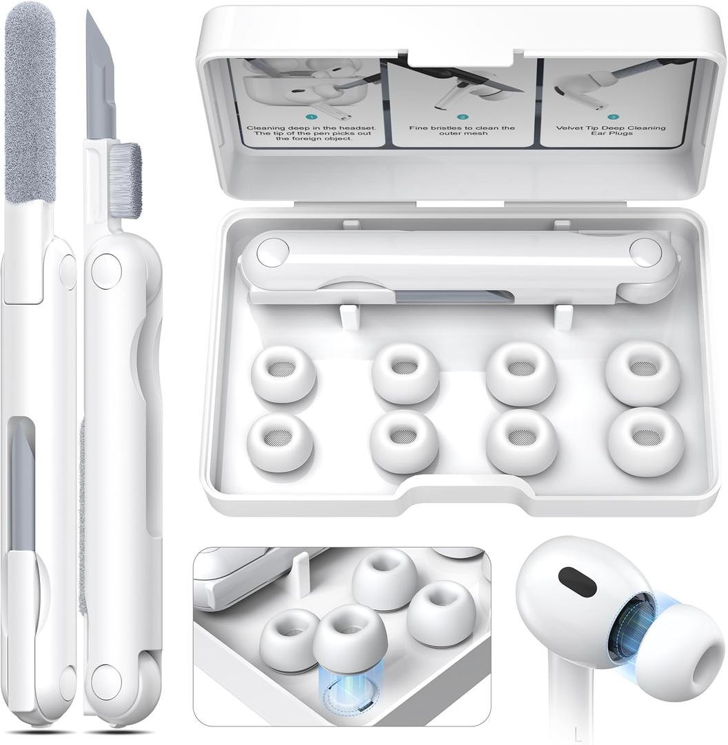 AirPods Pro 2nd Generation/1st Generation Earbuds (8 Earbud mounting Slots with Noise-canceling Holes and Built-in dust mesh), USB-C Charging Cradle, and Cleaning kit. 4 Pairs (XS/S/M/L), White