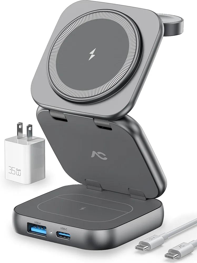 Wireless Charger for MagSafe, AC Island 5-in-1 Portable Travel Charging Station, 15W Max Fast Foldable Magnetic Stand, Evolved for iPhone 16/15/14/13 Series, Apple Watch, AirPods (with 35W Adapter)
