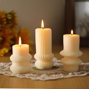 MTLEE 3 Pcs 4.7, 4.2, 3.2 in Height, Small Ribbed Pillar Candles Scented Aesthetic Modern Decorative Soy Wax Candles for Wedding Dinner Christmas Home Decor (Ivory White)