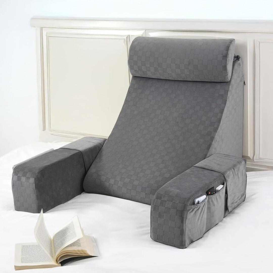 Vekkia 21" Reading Pillow with Arms and Headrest Tall Back Support Cushion for Adults, Multi-Density Foam, Removable Cover & XL Side Pockets for Reading, TV & Gaming in Bed & Floor 21"(Grey)