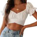 LYANER Women's Ruffle Short Sleeve Tie Up Back Crop Top Off Shoulder Bardot Blouse, Size Large