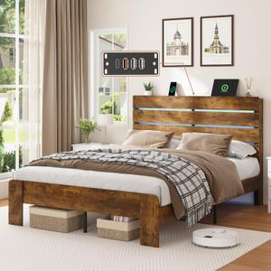 Bellemave Rustic Queen Size Bed Frame with Charging Station and Headboard, Wooden Platform Bed Frame Queen Size with LED Lights and Wood Slats, Easy Assembly, Rustic Brow