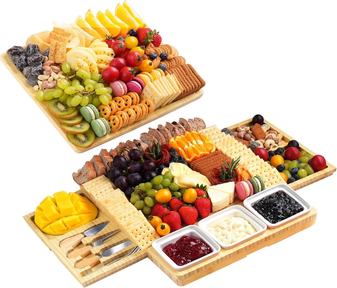 Large Charcuterie Board Set with Knife Set, 12.6" 11.2" Square Fruit Tray, Bamboo Cheese Platter (Double-Drawer), Great for Group Gatherings, House Warming Gifts New Home, Birthday Gifts for Women