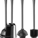 LOVLOY Toilet Plunger and Brush, Silicone Bowl Brush and Heavy Duty Toilet Plunger Set with Ventilated Holder, 2-in-1 Toilet Brush and Plunger Combo for 5.3-inch Toilet Drain Bathroom Cleaning (Black)