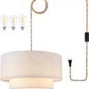 Plug in Pendant Light, 2-Tier Drum Linen Pendant Light with 15ft Hemp Rope Cord, E26 On/Off Switch, 18" Plug in Hanging Chandelier for Dining Room Kitchen, Includes Bulbs