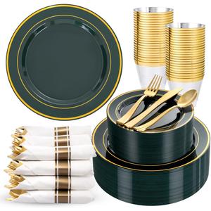 WDF Partyware 350PCS Green and Gold Plates - Green Plastic Plates 50Guests Plastic Plate with Rolled Napkins for Party/Birthday
