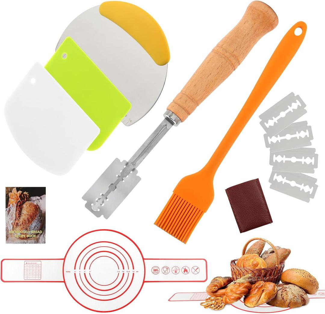 Bread Making Tools with Danish Dough Whisk Set, Dough Hook and Bread Scoring Tool, Brea-d Lame, Bowl Scrape-r, Bench Scrape-r & Pastry Brush, Sourdough Baking Essential