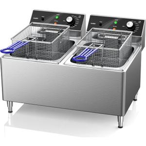 Deep fryer Commercial Deep Fryer 12L x 2/25.4QT Dual Tank Electric Deep Fryers with Basket Electric Countertop Fryer for Restaurant with 2 Frying Baskets, 3300W x 2, 240V Two 6-15 Phase Plugs
