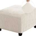 Stretch Ottoman Cover Ottoman Slipcovers Square for Living Room Foot Stool Stretch Covers to Fit Ottoman Foot Rest, Thick Checked Jacquard Fabric with Elastic Bottom (Medium Size, Biscotti Beige)