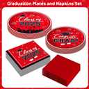 Graduation Plates and Napkins 2025 Grad Party Supplies, Class of 2025 Congrats Grad Disposable Paper Plates Cocktail Napkins Set for 2025 Red Black Graduation Party Decorations Sets, Serve 50