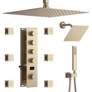 Brushed Gold Shower System Temperature Display Shower Faucet Set with 12 inch and 8 inch Full Body Shower Head, with 6 PCS Body Jet and Handheld Spray