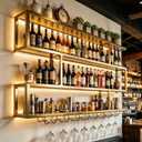 4-Tier Wall Mount Wine Rack with LED Light & Glass Holder, Gold, 100CM/39.4in