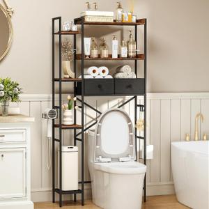 7-Tier Over the Toilet Storage Shelf, Large Bathroom Organizer with 2 Fabric Drawers, 4+3 Adjustable Side Shelves, Sturdy Freestanding Space Saver Rack with Hooks for Bedroom, Laundry, Brown, 60*24*177cm Pack of 28