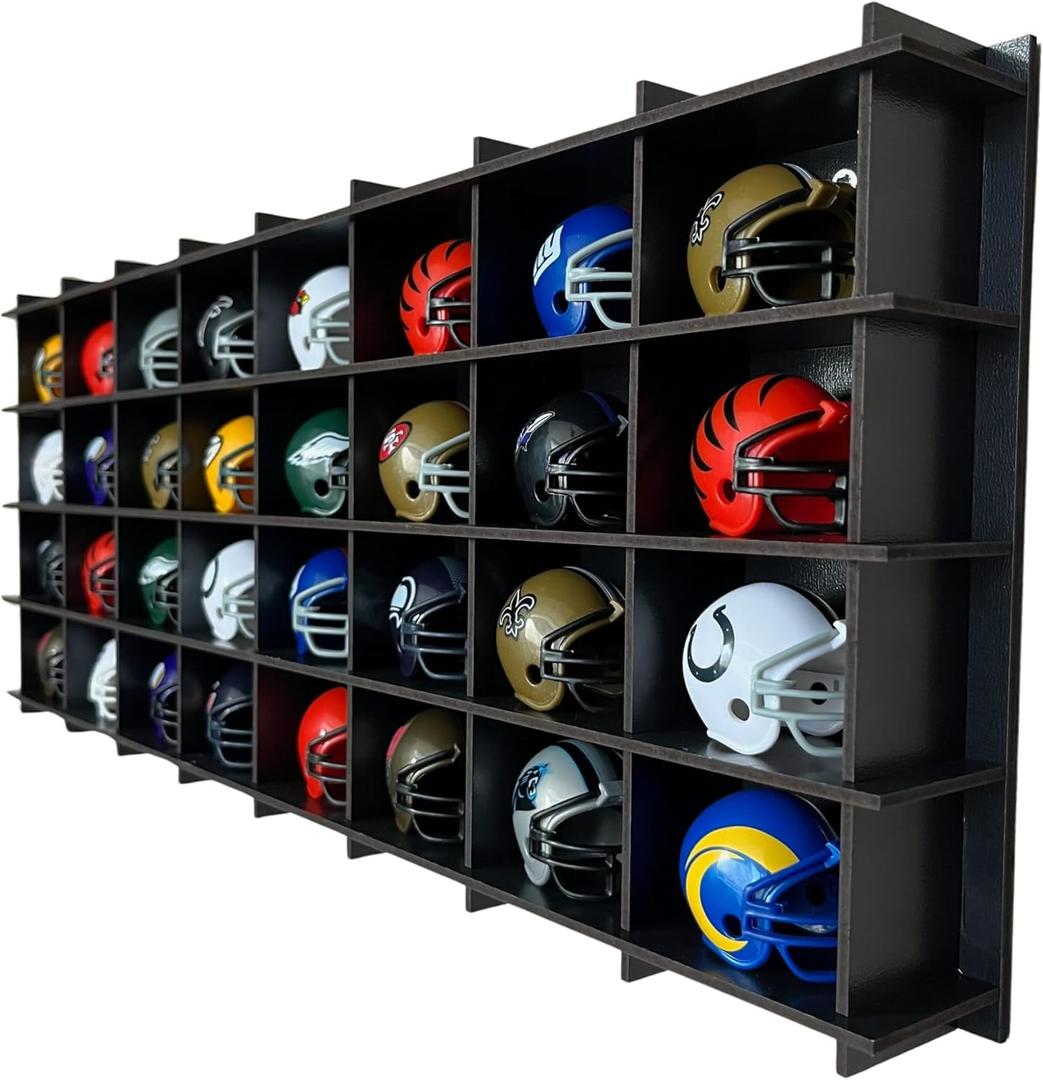 32 / 6 Color Mini Helmet Display Case,Mini Football Helmets,Football Helmet Display Case,Wall Mount (Black)
