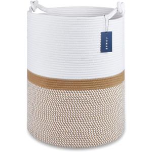 COMSE Extra Large Blanket Basket, Tall Woven Storage Basket, Nursery Hamper, 15.7x 21.7, Cotton Rope Laundry Hamper for Toys Clothes Towels, Blend White/Camel