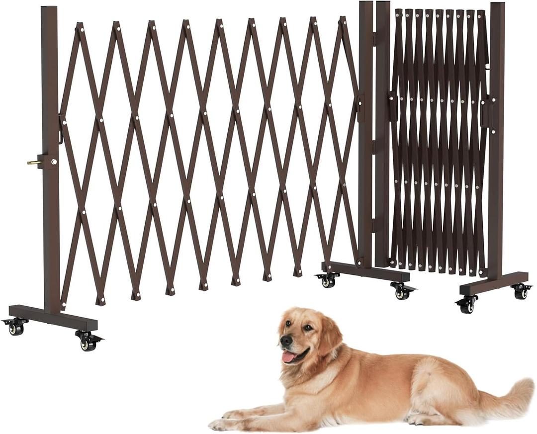 Expandable Driveway Gate with Casters, Portable Metal Folding Security Gate, 209" Wide Aluminum Garden Fence, Outdoor Dog Fence for Yard in Coffee, 41.34 * 216.54