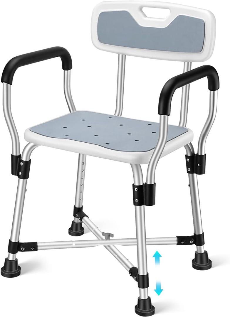 Shower Chair with Arms & Backrest - Heavy-Duty 500-lb Capacity Bath Seat, Adjustable 6 Height Settings, Non-Slip Padded Stool for Seniors, Disabled Users in Bathtubs & Walk-in Showers (Standard)