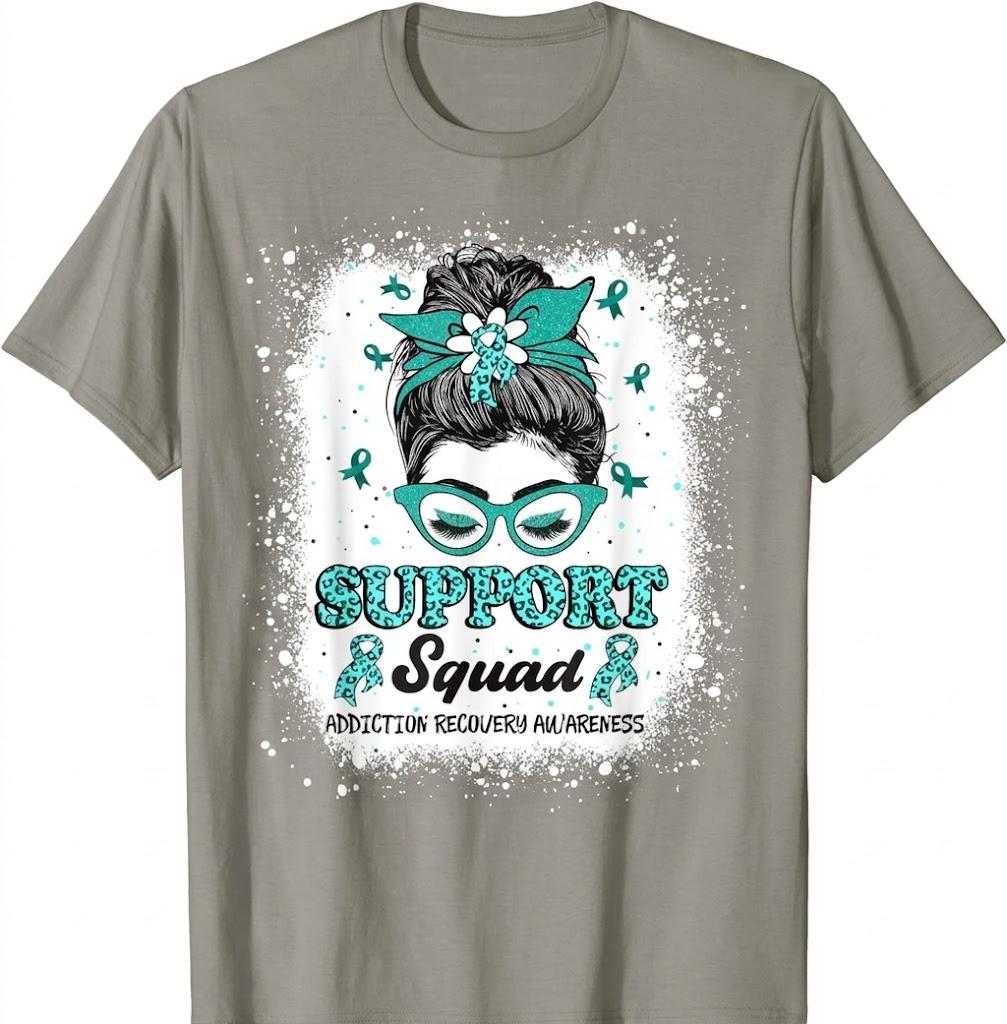 Support Squad Messy Bun Teal Ribbon Addiction Recovery T-Shirt (Gray, XL)