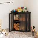 Corner Bread Box for Kitchen Counter, Black Bamboo Bread Box with Real Glass Door, Double Layer Space Saving Bread Storage for Homemade Bread