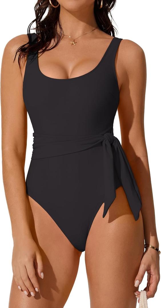 RXRXCOCO Women One Piece Swimsuit Tummy Control Cute Waist Tie Slimming Bathing Suit Cutout Full Coverage Swimwear (Medium, Black)