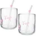 Skylety 2 Set 2 Pink Bow Icon Juice Glass with 2 Pink Bow Glass Straws Bow Aesthetic Cup 14 Ounce Double Old Fashioned Icon Handblown Cocktail Glass for Women Sister Friend Party