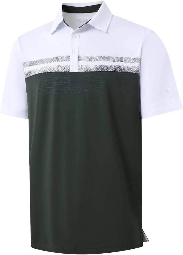 Rouen Polo Shirts for Men Quick Dry Regular Fit Casual Color Block Chest Print Active Short Sleeve Collared Mens Golf Shirt (X-Large, Olive Green)