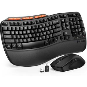 Ergonomic Wireless Keyboard and Mouse Combo, 2.4G Full Size Wave Key Board with Cushioned Palm Rest, Natural Typing, 3 DPI Adjustable Mouse, USB-A & C for Computer/Laptop/Mac/Tablet - Sablute MA31