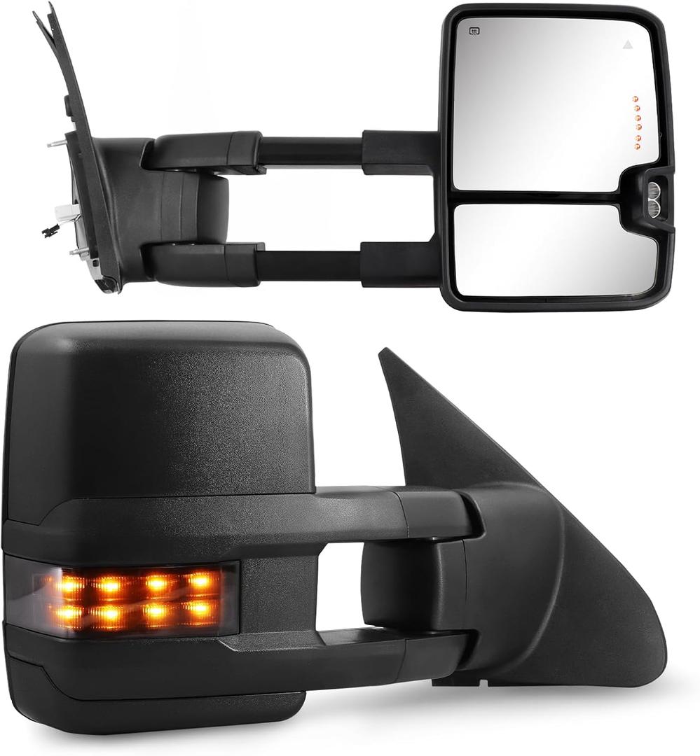 Towing Mirrors for Toyota Tundra 2007-2021, Tow Mirror for Toyota Sequoia 2008-2017 with Power Glass Heated Arrow Turn Signal Light Running Light Blind Spot Monitoring Extendable Fold Pair Set (Smoke) (Black)