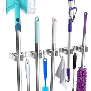 Broom Holder Wall Mount, Broom Organizer Wall Mount Stainless Steel Broom and Mop Hanger Heavy Duty Storage Organization for Home Kitchen Garden Garage Room 5 Racks 4 Hooks(Grey Rack)