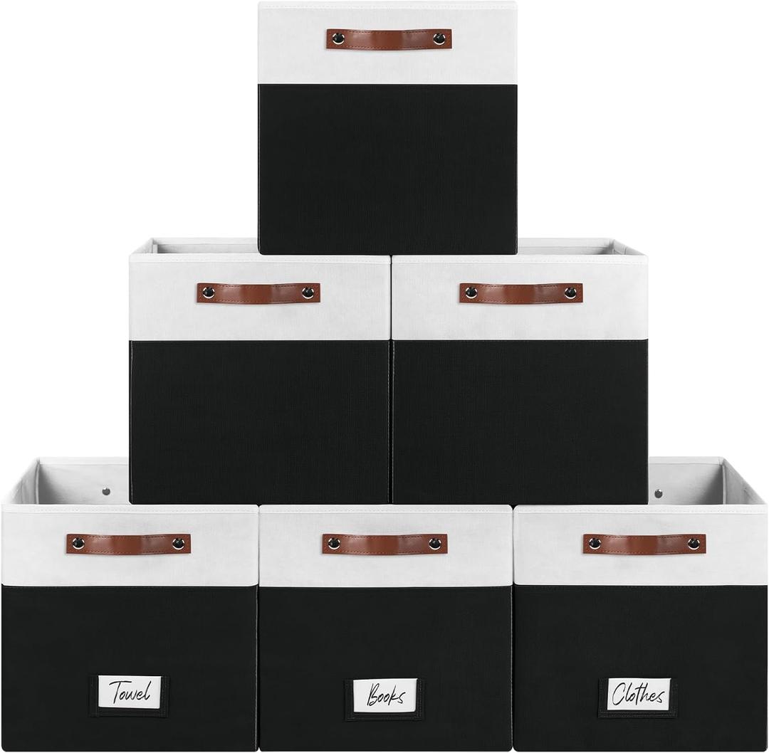 FinishingBo 6-Pack Storage Cubes with Handles & Label Holders Basket, Closet Cube Home Organizer Bins(White/Black, 13 x 13 x 13 inch)