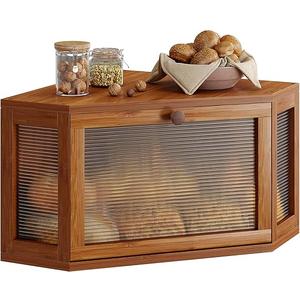 WOWLIVE Corner Bread Box for Kitchen Countertop, Bamboo Bread Storage Container, Large Farmhouse Bread Holder with Acrylic Wavy Door Panel, Multi-functional Container, Caramel