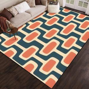 Mid Century Modern Atomic Age Blue Orange Cream Ideal for Fabric Area Rug Outdoor Patio Rug Play Mat Modern Floor Carpet Non-Slip Home Decor Living Room Kids Bedroom Nursery, 6x9 ft (Multi12)