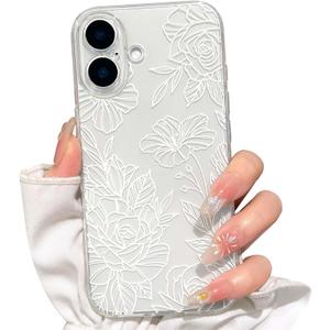 NITITOP Compatible for iPhone 17 Case Cute Clear Floral Flower Pattern for Girls Women Soft TPU Full Camera Lens Shockproof Protective Phone Cover - White