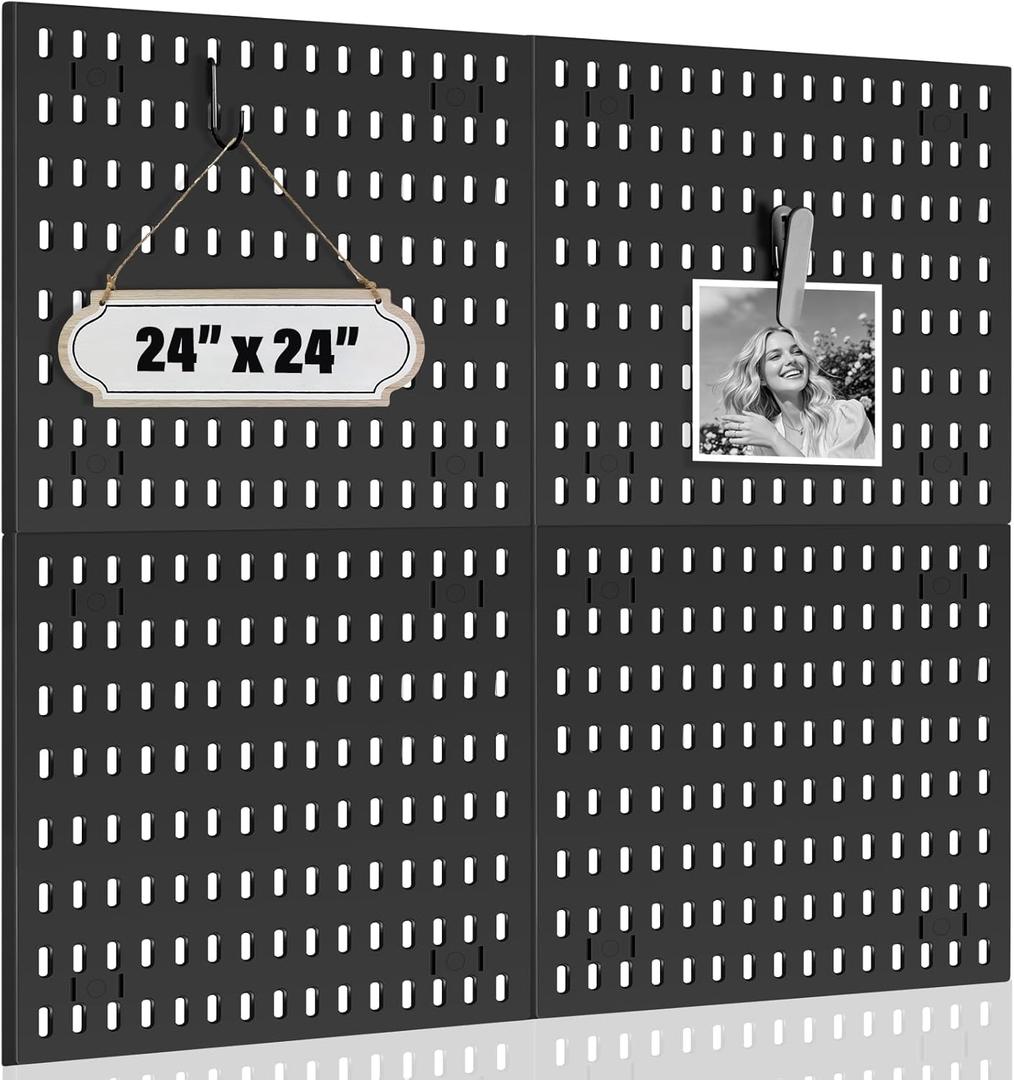AKTOP Peg Board Wall Organizer 4-Pack  12"x12" Black Pegboard Panels for Walls, Plastic Desk Wall Mount Tool Organization for Home, Office, Garage Tool Storage & Craft Room