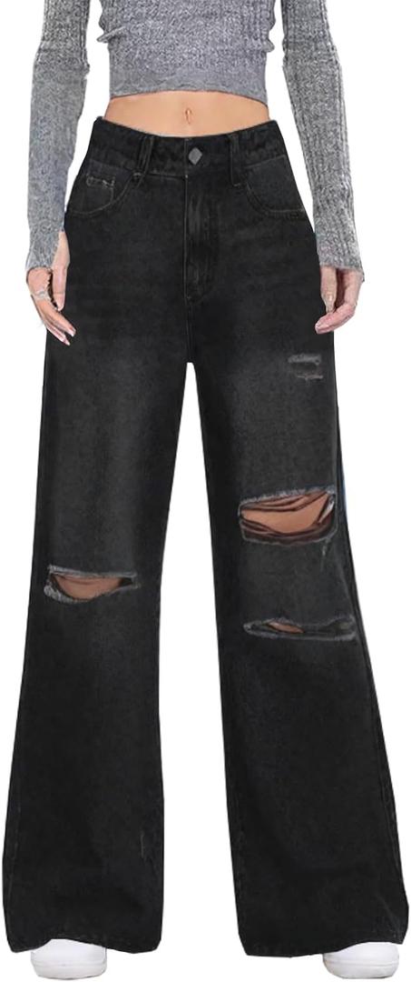 Distressed Wide Leg Jeans for Women High Waisted Loose Ripped Boyfriend Jeans Y2K Stretch Denim Pants (Black, XXL)