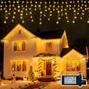 Christmas Outdoor Icicle Lights - 200 LED 21+16 FT 8 Modes Curtain Fairy String Light Plug in, Waterproof for Eaves Yard Holiday Xmas Holiday Indoor Outdoor Decoration - Warm White