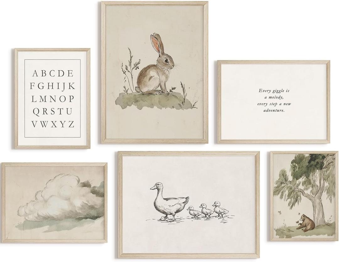 Vintage Nursery Wall Art Kids Canvas Prints Baby Boys Wall Decor Animal Pictures Bunny Poster Neutral Children Prints Duck Painting Woodland Bear Artwork for Farmhouse Bedroom 8x10 Inch Wood Framed