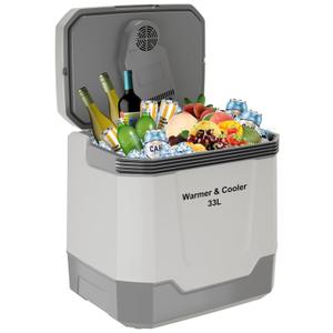 35 Quart (33 L) Electric Cooler & Warmer, Portable Car Refrigerator With Automatic Locking Handle, 12V Car Cooler for Vehicle & Trucks, 110V AC Home Power Cord, Plug In Coolers, Grey