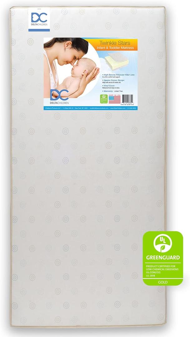 Delta Children Twinkle Stars Dual Sided - 6" Premium Sustainably Sourced Fiber Core Crib and Toddler Mattress - Waterproof - GREENGUARD Gold Certified  - Made in USA