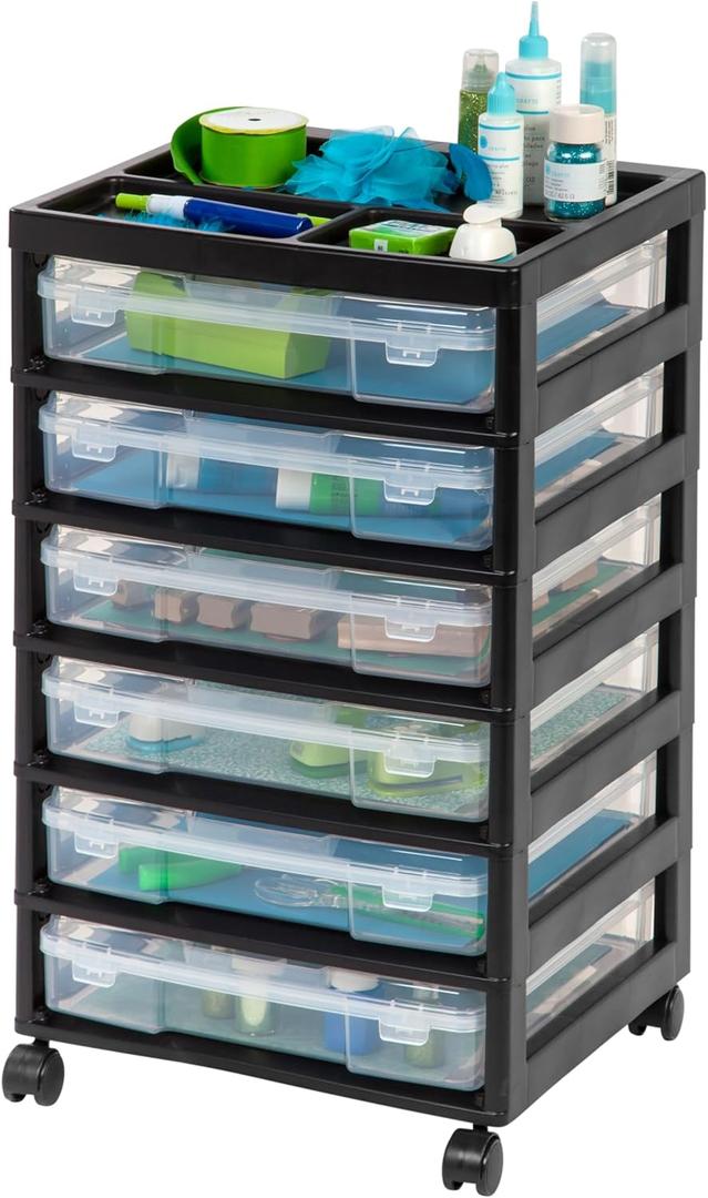 IRIS USA Fits 12" x 12" Paper, 6-Tier Scrapbook Rolling Storage Cart with Organizer for Stationery Vinyl Tools Office Art and Craft Supplies, Yarn, 6 Clear Cases w/Built in Handle - Black/Clear