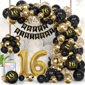 16th Black Gold Party Decoration Balloon Sets 40 Inch Gold Giant Number balloons with Birthday Banner Black Gold balloon Arch Garland for Women Men Girls Boys Birthday Decor(16th)